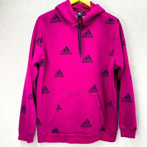 Adidas Hoodie Sweatshirt Men Med Purple Essential Pullover All Over Print Logo - Picture 1 of 8